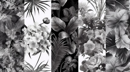 Pattern featuring botanical elements in a monochromatic color scheme. AI generated