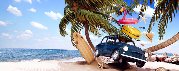 Cute blue retro car with summer accessories and palm tree on beautiful tropical sand beach. Summer vacation concept. 3D Rendering, 3D Illustration