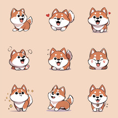 Cute shiba inu dog hand drawn cartoon vector icon illustration collection set