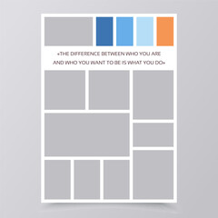 Moodboard grid. Collage template. Mood board background. Photomontage pictures layout. Set mosaic frames. Vertical mockups with colour palette and quote. Album scrapbook card. Vector illustration