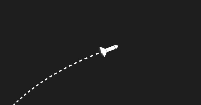 Rocket, war and trail of missile launch on black background for attack, international conflict and military. Animation of trajectory path of nuclear weapon or atomic bomb in country to target on map