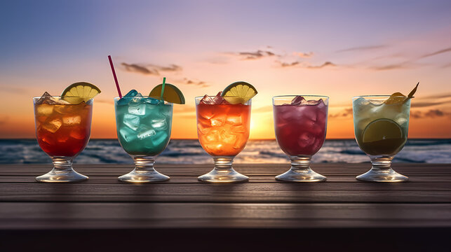 generative ai, generativ, ki, Verschiedenfarbige Cocktails im Sonnenuntergang, ein tag am Meer, Sonnenuntergang