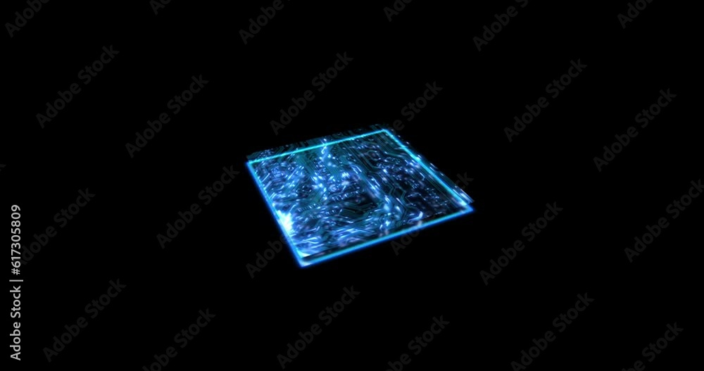 Aufkleber Circuit board, technology and digital programming abstract on dark background for CPU or cybersecurity. Virtual data, cloud computing and 3D neon light for future ai coding, network or hologram