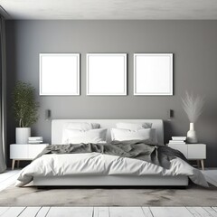 Template Frame Art print Mock up blank white photo frames in modern minimal bedroom interior Generative AI
