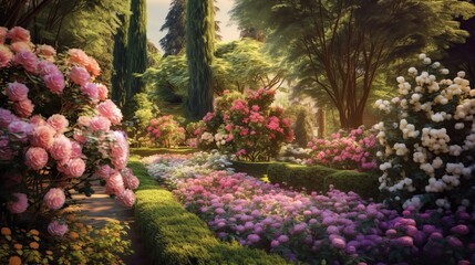 A romantic garden filled with roses of different colors and varieties. AI generated