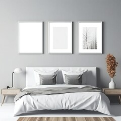 Template Frame Art print Mock up blank white photo frames in modern minimal bedroom interior Generative AI
