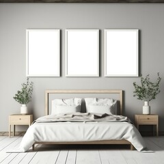 Fototapeta na wymiar Template Frame Art print Mock up blank white photo frames in modern minimal bedroom interior Generative AI 