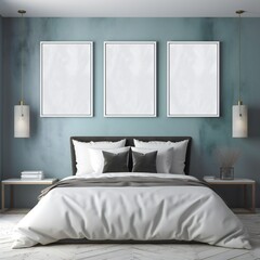 Template Frame Art print Mock up blank white photo frames in modern minimal bedroom interior Generative AI
