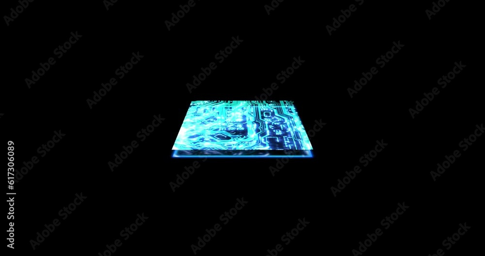 Aufkleber Technology, digital and circuit board programming abstract on dark background for CPU or cybersecurity. Virtual, cloud computing and 3D neon light on motherboard for future ai, network or hologram