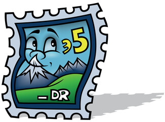 Postage Stamp with a Face and a Picture of a Mountain Landscape