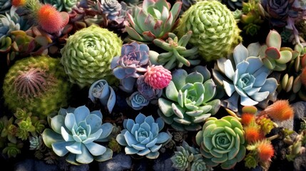 A various succulent plants with unique shapes and textures. AI generated - obrazy, fototapety, plakaty