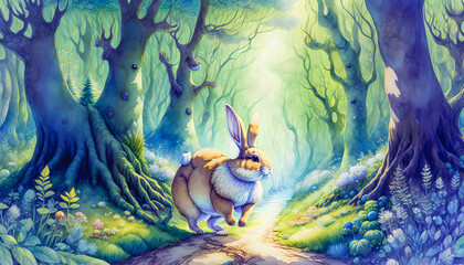 Big rabbit in the midst of a magical forest. Watercolor style. Generative AI.
