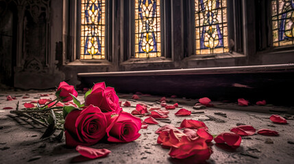red roses in a church thrown on the floor. 