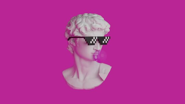 Modern style 3d animation. David's head with bubblegum on pink background. 3D animation of wearing sunglasses and bubblegum explosion