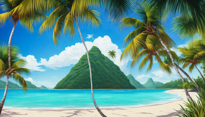 Beautiful vacation landscape with palms, ocean, and blue sky. generative AI.