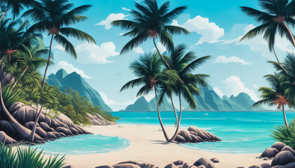 Obraz na płótnie Canvas Beautiful vacation landscape with palms, ocean, and blue sky. generative AI.