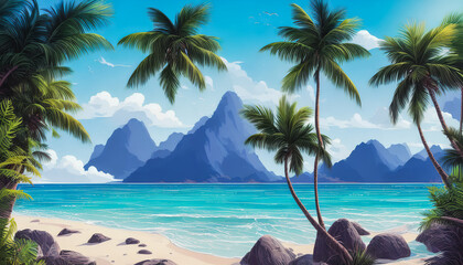 Beautiful vacation landscape with palms, ocean, and blue sky. generative AI.