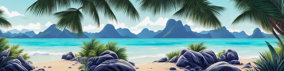 Fototapeta na wymiar Beautiful vacation landscape with palms, ocean, and blue sky. generative AI.