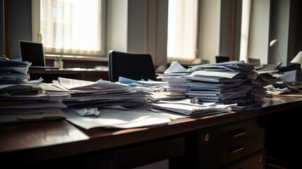 Desk covered with paper documents, made with generative AI