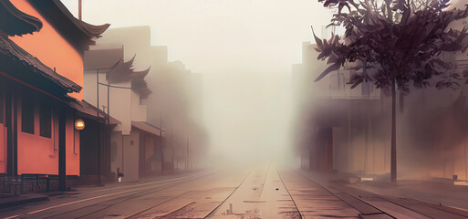 illustrazione generative Ai con veduta di viale cittadino, atmosfera nebbiosa e umida, senza persone, edifici in stile orientale - obrazy, fototapety, plakaty