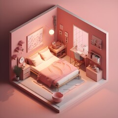 Pink Serenity: Isometric Minimalist Bedroom Interior Design Illustration