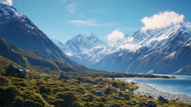 Beautiful Nature Landscape of Peak Tasman Mountains with Fresh Lake River on a Blue Sky