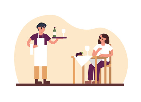 Handsome cartoon waiter brings wine to customer. Wine production sector. Restaurant worker and visitor. Vector flat style illustration on white background