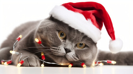 A cute grey cat wearing a santa hat