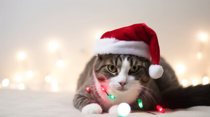 A cute grey and white cat wearing a santa hat