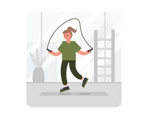 Handsome girl jumping on jump rope. Regular physical activity and healthy lifestyle. Training indoor alone. Workout to loss weight. Vector flat style illustration