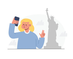 Cartoon blonde girl tourist taking selfies against statue of liberty. Visiting sightseeing during holidays. Time for traveling abroad. Vector flat style illustration