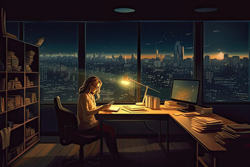 woman sitting on a bench studying at desk in the night in her room - obrazy, fototapety, plakaty