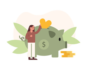 Female character donates money to charity. Collection of money for charity fund. Volunteer work with finances. Humanitarian aid organization. Donations in piggy bank