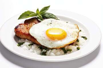 Pork chop basil with rice and fried egg, ultra hd white background