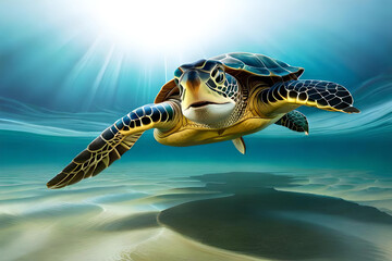 Turtle on water, slow and steady gliding