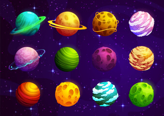 Cartoon aline fantasy space planets of galaxy world game, vector elements. Space asteroids and stars, earth and moon planets with craters, galaxy universe or cosmos satellite planets with saturn rings