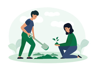Cartoon couple of activists planting plants in ground. People taking care of nature. Characters living in eco green city. Social charity activities. Volunteers working together. Vector
