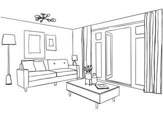 Modern Living Room Interior Illustration with Sofa and Pillows Coffee Table Plants