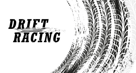 Drift racing background with grunge tire tracks, vector race sport, rally or motorsport. Drift marks of race car, motorcycle or bike wheel tyres with dirty texture of tire tread pattern © Vector Tradition