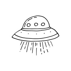 Interplanetary spacecraft. UFO aircraft. Flying saucer. Doodle. Hand drawn. Vector illustration. Outline. 