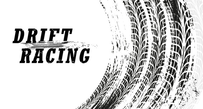 Drift racing background with grunge tire tracks, vector race sport, rally or motorsport. Drift marks of race car, motorcycle or bike wheel tyres with dirty texture of tire tread pattern