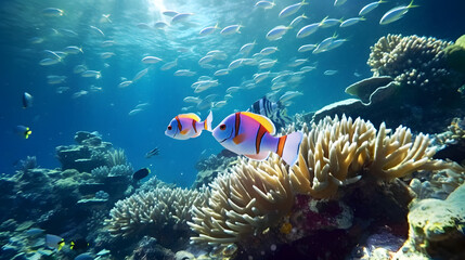 Naklejka na ściany i meble Sea fish among coral reefs. Marine environment. AI generated