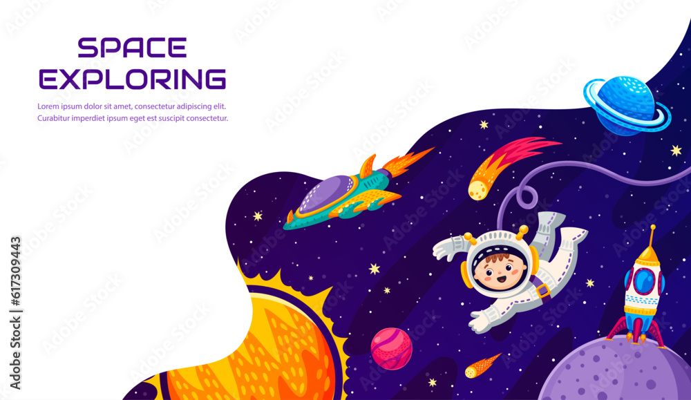 Poster space galaxy landing page. cartoon space planets, astronaut and spaceship, rocket, sun and stars vec