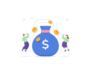 Get big prizes. win the giveaway. royalty program. A man and a woman jump for joy because they got a bag of money. Claim points, coins, or bonuses. illustration concept design. vector elements