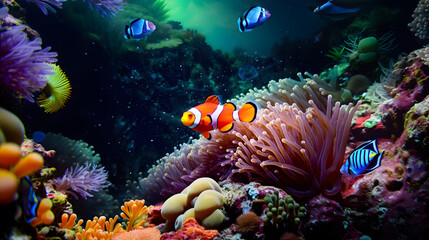 Nemo fish among coral reefs. Marine  environment. AI generated