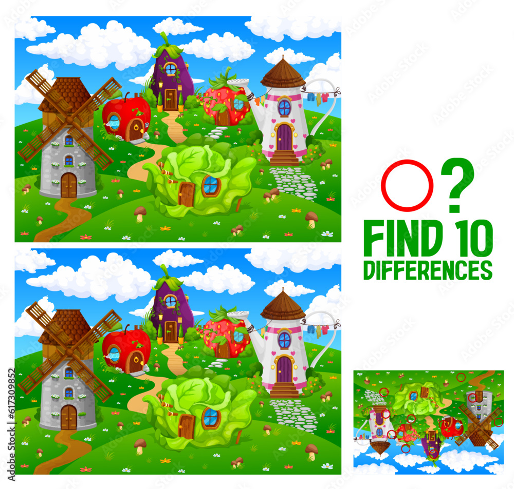 Poster find ten differences in cartoon fairytale houses village, vector puzzle worksheet. kids quiz game to