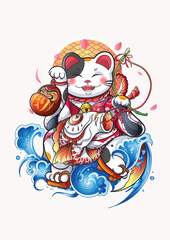 Vector japanese maneki neko with daruma and koi fish illustration t-shirt and apparel printing design