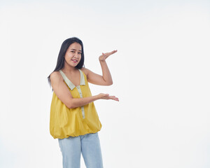 Woman showing something on white background