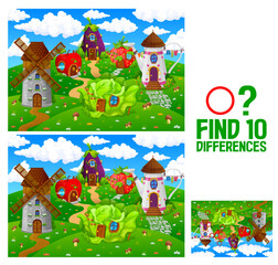 Find ten differences in cartoon fairytale houses village, vector puzzle worksheet. Kids quiz game to find ten differences of fairy or gnome dwellings in windmill, watering can and apple or strawberry
