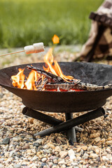 marshmallow on a stick roasted over a camping fire